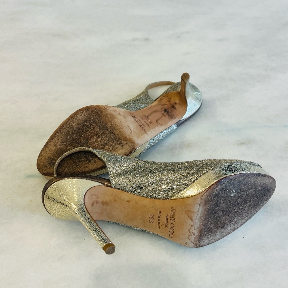 Jimmy Choo 38.5 8.5 Nova Champagne Glitter Gold Silver Peep Toe Sling Back Heels - Picture 10 of 12